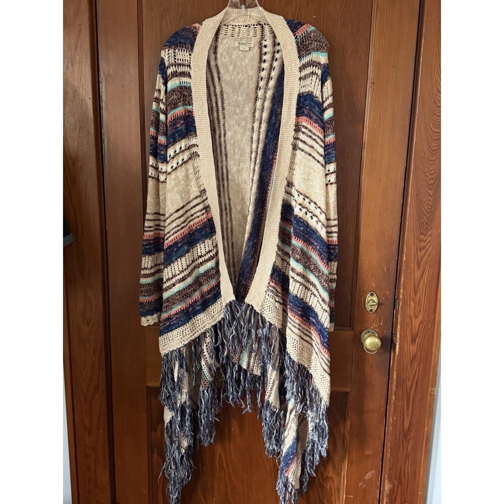 Lucky Brand Open Front Fringe Cardigan Sweater ☓L Boho Duster Earth Tones